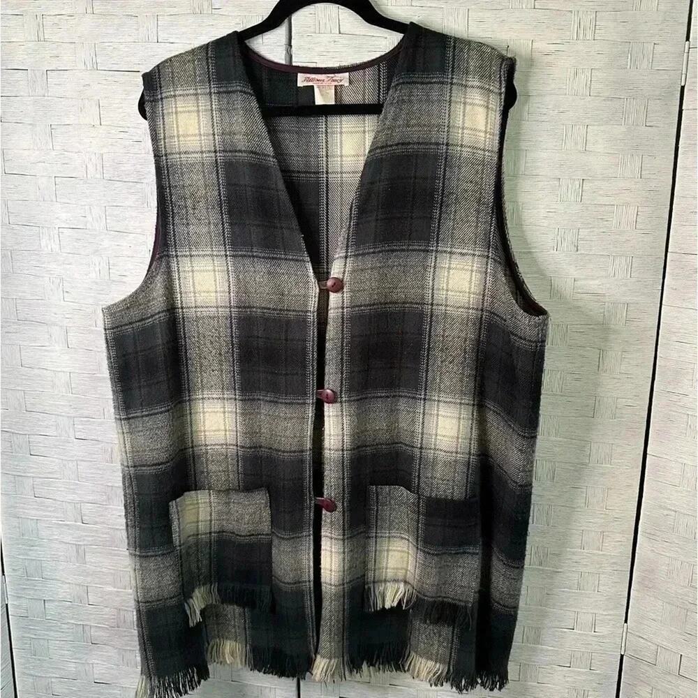 Vintage Allison Tracy Wool Plaid button & loop vest with frayed edge & pockets